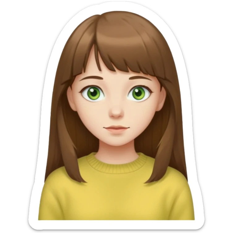 please create an emoji of a semi pale girl with long brown hair with a thin bang, green eyes, wearing a pastel yellow sweater sticker
