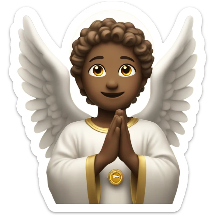 angelic emote with smile and eye looks up with hand that prayying open hand and a halo  sticker