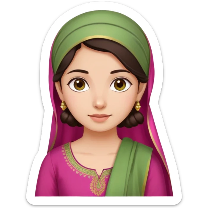 girl with light wheatish skin, dark brown hair, wearing dark pink kurti with sage green dupatta on head sticker