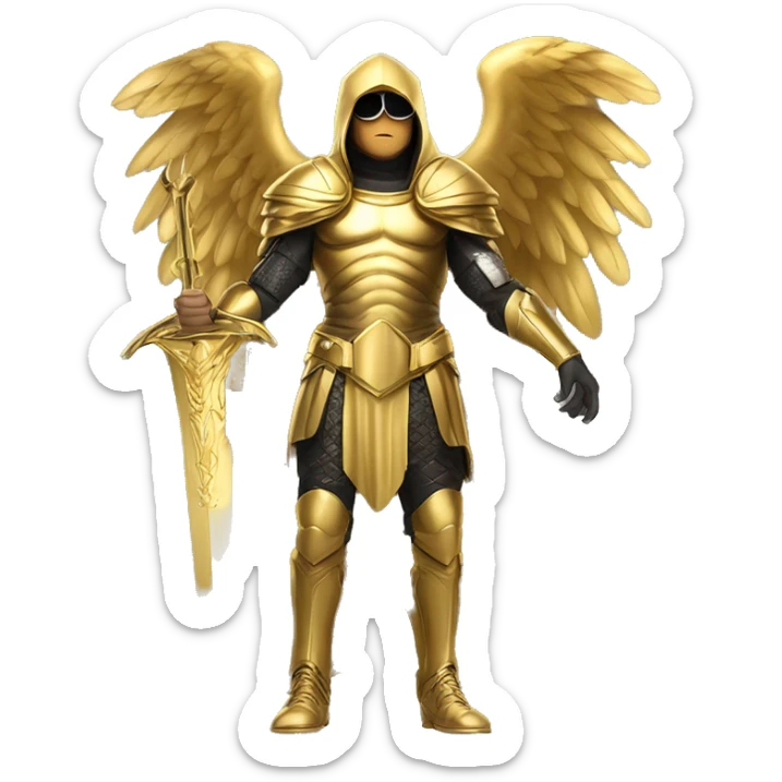 golden archangel, a guy of European appearance in black glasses, in full height, with golden wings and in golden armor, in his hand a golden sword, in a golden hood sticker