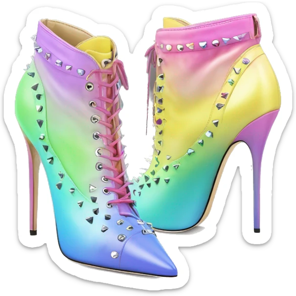Realistic isolated top view of a pair of pastel rainbow spikey jimmy Choo stiletto high heel ankle bootie boots.  sticker