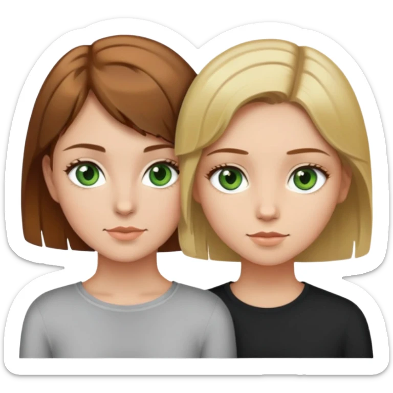 green eye girl with short light brown hair sat next to girl with brown eyes and brown hair with blonde highlights sticker
