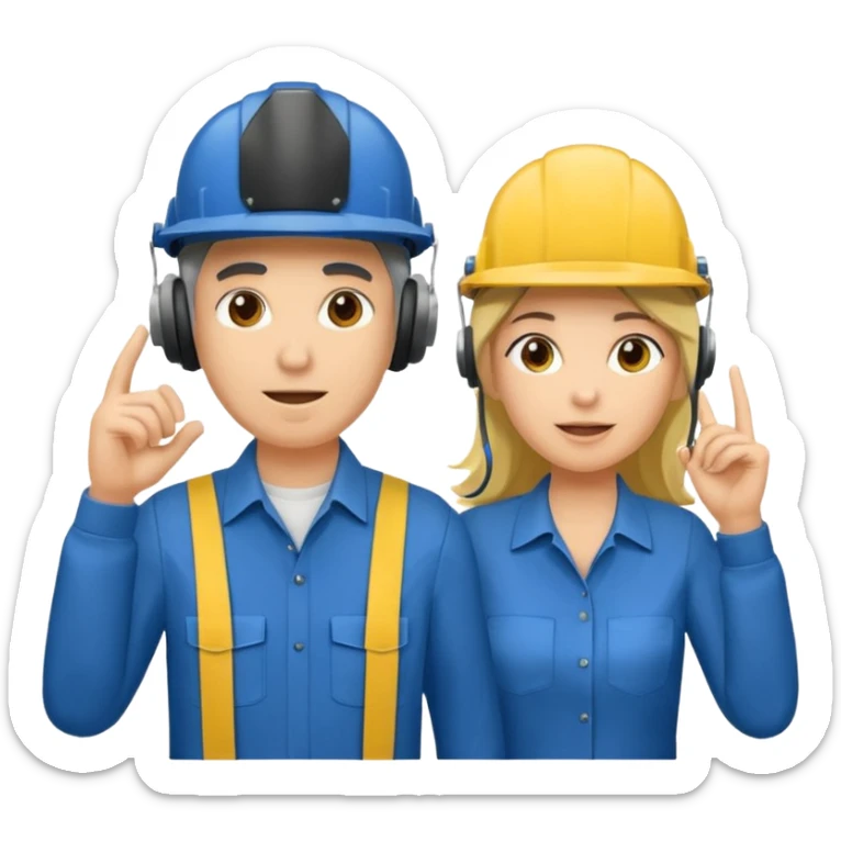 Um homem e uma mulher amarelos com capacete azul escuro e camisa social cinza. Um deles deve estar segurando um megafone  sticker