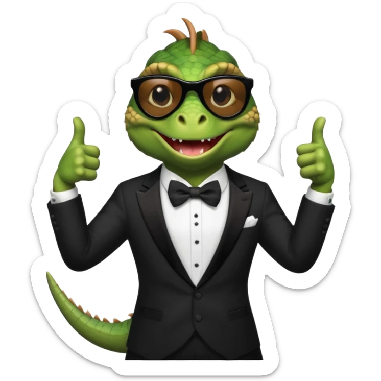 capitalist iguana banker in tuxedo and black sunglasses dancing crazy thumb up sticker