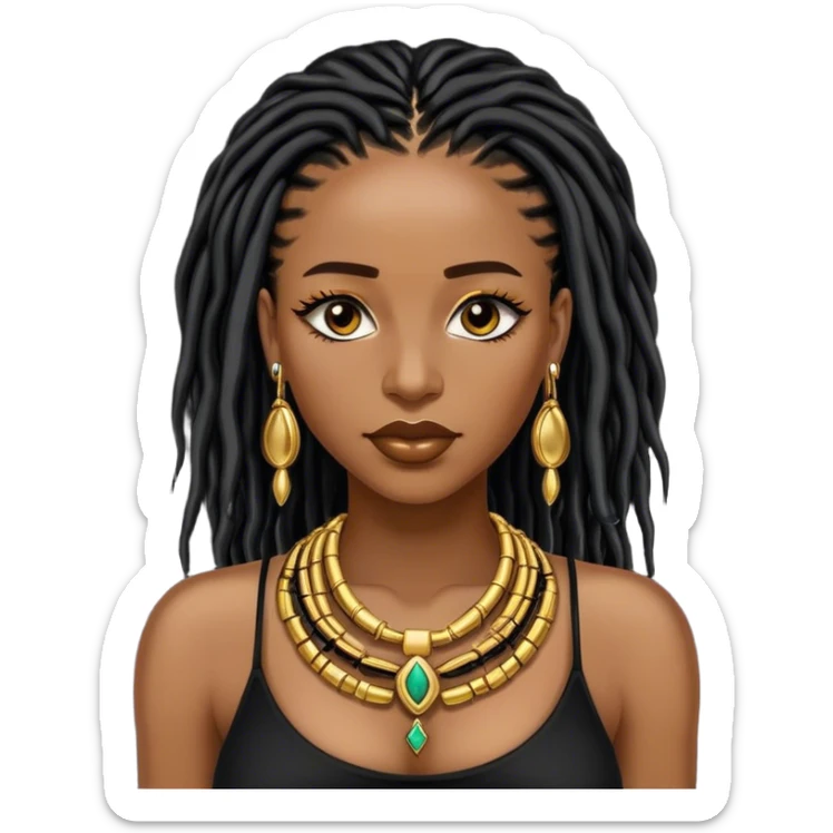 Congolese brownskin women with black shoulder length locs, eyelashes and a lot of gold jewellery  sticker