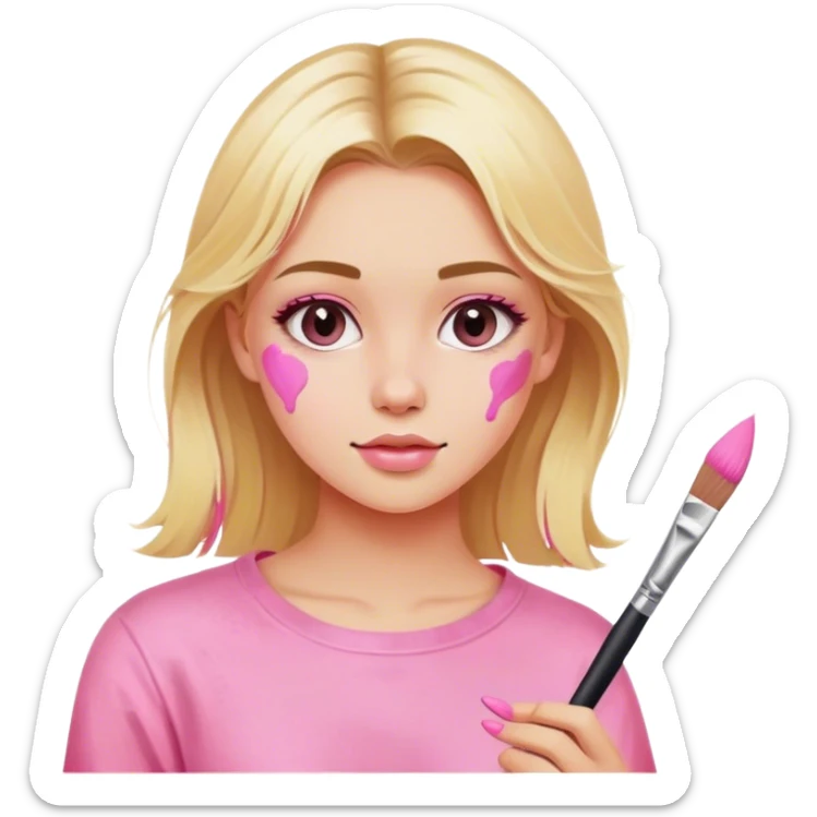 blonde girl in pink clothes paints with brushes on canvas artist sticker
