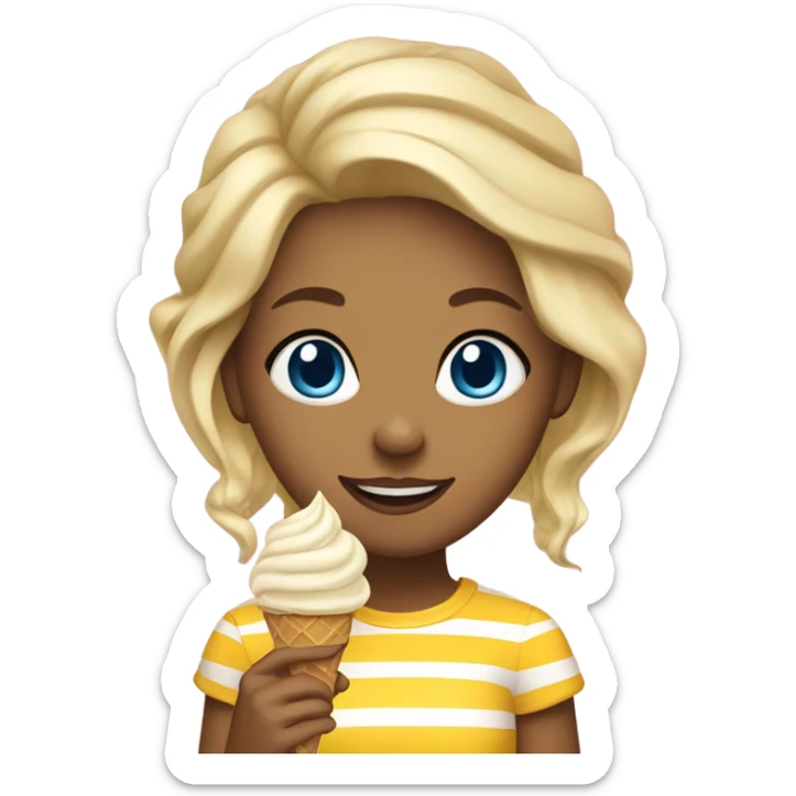 Girl with blonde hair, blue eyes, yellow striped shirt, holding vanilla ice cream cone sticker