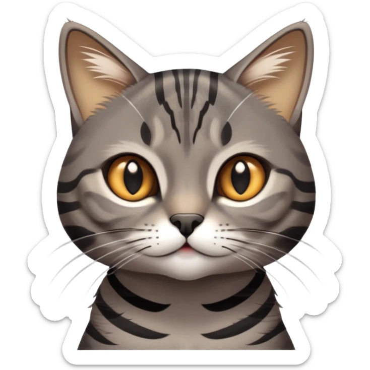 cinematic-cute-grey-and-black-brown-tabby-cat-portrait-emoji,-head-tilted-playfully-and-inquisitively,-sleek-grey-brown-fur-with-bold-black-tabby-stripes-and-a-distinctive-m-shaped-marking-on-the-forehead,-sparkling-amber-eyes,-simplified sticker