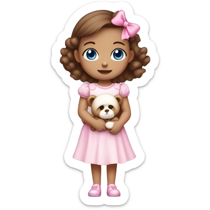 Little Girl with White skin, blue eyes. brown hair with pink bows in it.  She is wearing a pink and White dress, standing and holding on to a teddybear with a pink bows. sticker