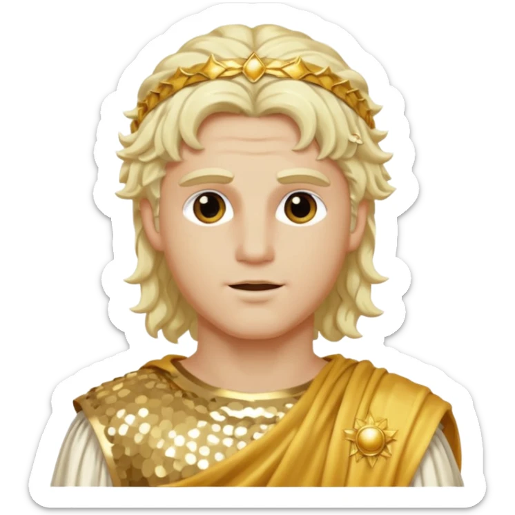 Apollo, God of Sun from Roman Deities with long platinum blonde wavy hair, gold sequin toga sticker