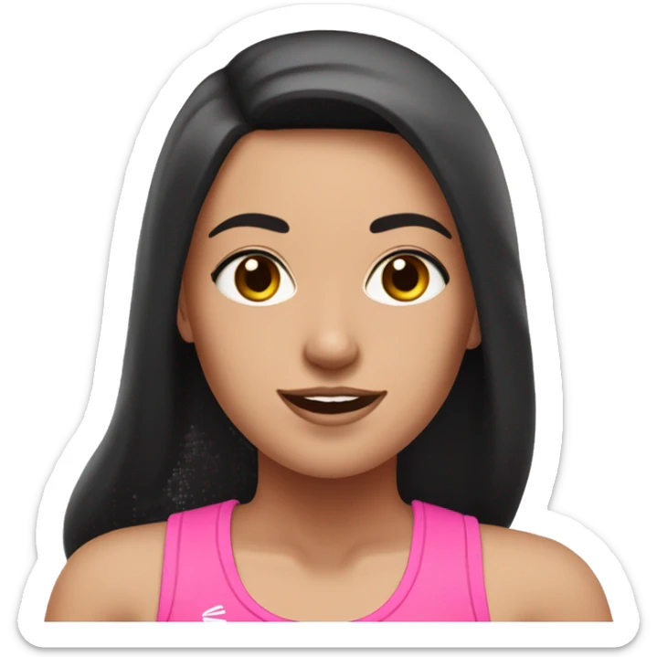 White girl with black hair and brown eyes going for a run in pink gym outfit sticker