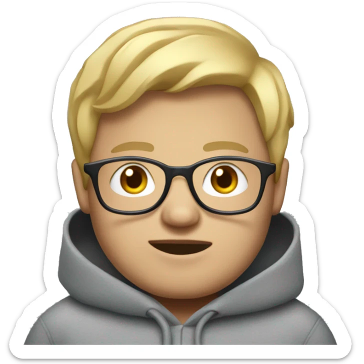 make a fat boy with blonde hair and glasses whos wearing grey hoodie sticker