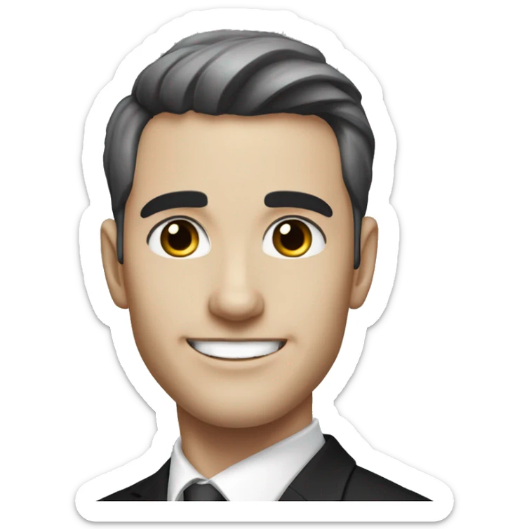 Portrait of an adult smiling man, pale light skin, short bold black-gray ombre hair, black eyes, wearing a black office suit and a white collared shirt underneath. sticker