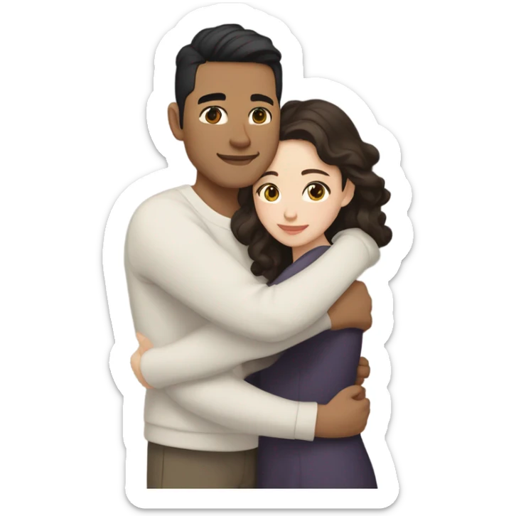 A pale half Asian man with short dark hair and amber eyes embracing and loving a white woman with long wavy brunette hair and dark hazel eyes. They love each other a lot And have good fashion taste and are hugging each other tight  sticker