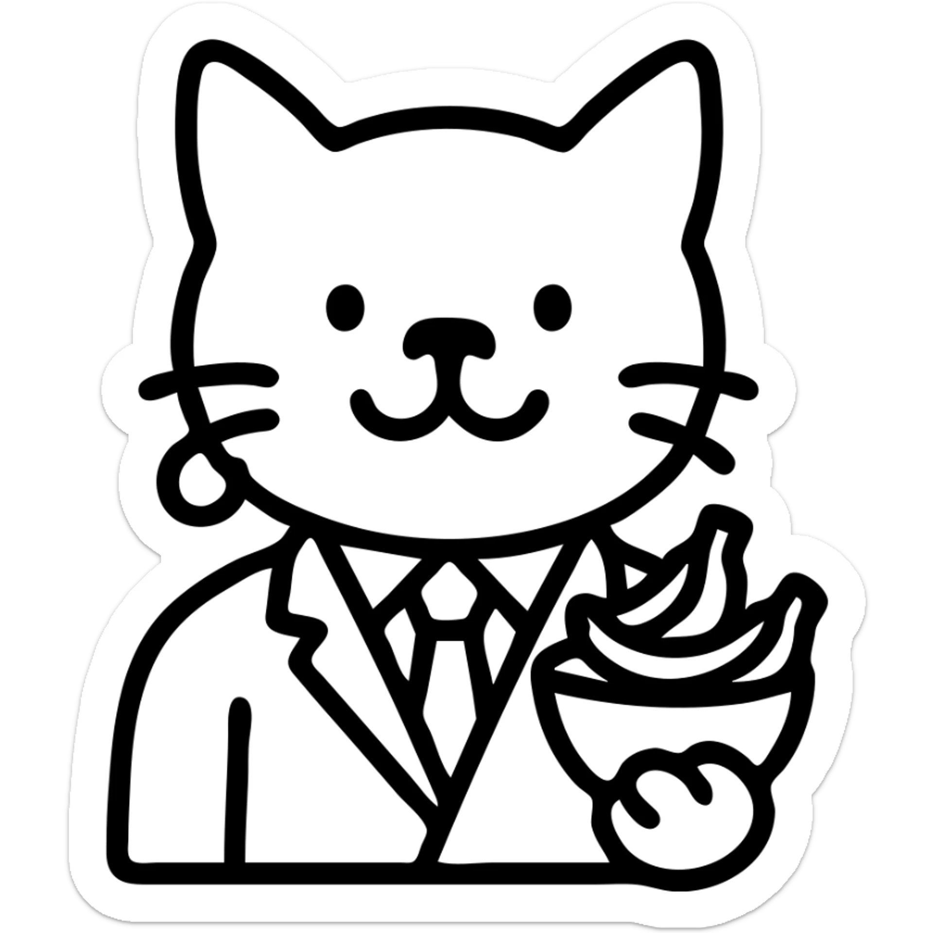 cat with a dog nose, wearing a suit, earring, holding a cup of bananas, playful expression sticker