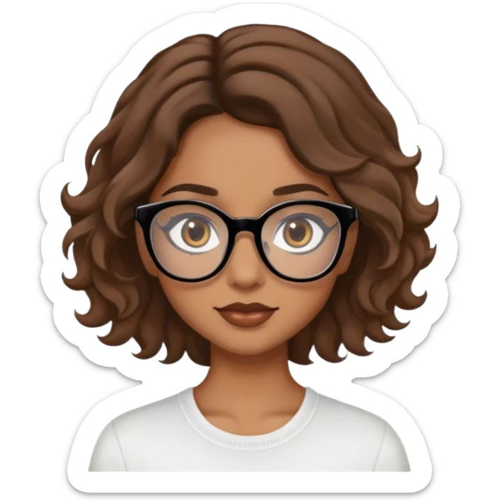 A light brown skin girl with wavy hair and black glasses with light brown eyes and long eyelashes sticker