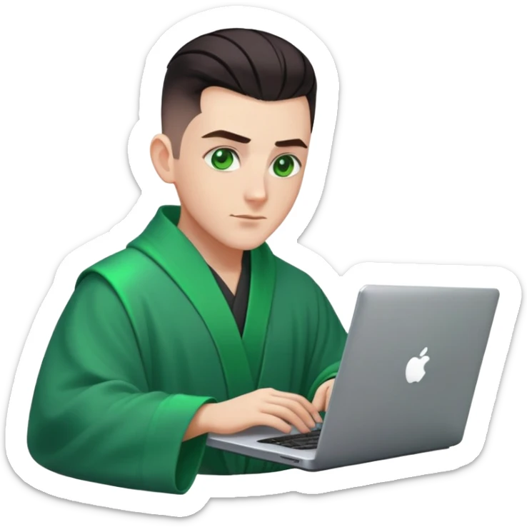 male wizzard with dark hair, mid bald fade haircut, slick back hairstyle, green eyes, dark robe green aura coding on laptop sticker