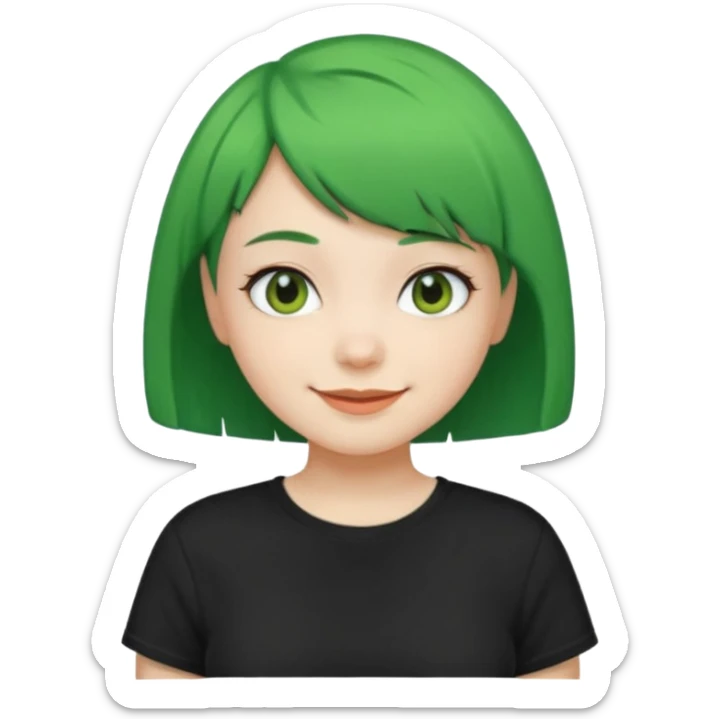 Girl with green Bob Cut – short green hair, cheerful smile, black t-shirt sticker