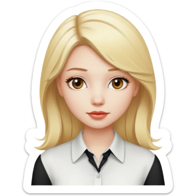 A girl with a blonde hair and in the head she is wearing a coquette and the shirt is a white colour sticker