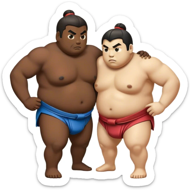 Cinematic Realistic Sumo Wrestling Emoji, depicted as an intense sumo match featuring powerful wrestlers in traditional mawashi, rendered with rich textures and dynamic dramatic lighting that captures the raw intensity of the sport. sticker