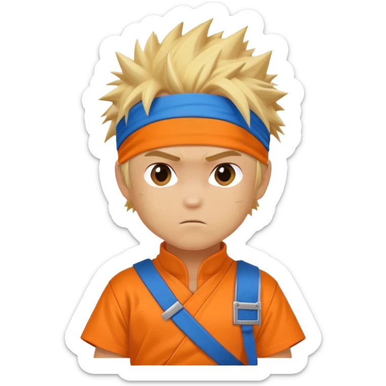 A blonde ninja boy with spiky hair, whisker marks on cheeks, orange outfit, and blue headband with metal plate sticker