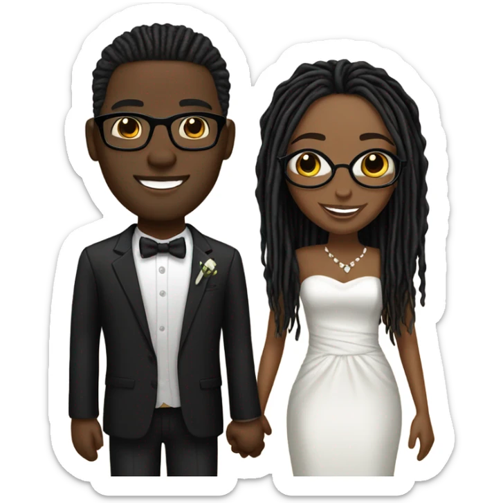 black couple light skin man with long black locs, dark skin female with glasses with black locs wedding sticker