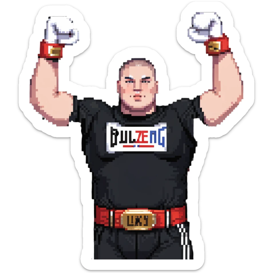 white man with dark hair, dark eyes, buzzcut faded haircut, overweight 100kg boxer, chubby face, stocky build, wearing full black clothes, black adidas boxing gloves, victory pose with arms raised, holding championship belt, upper body only no legs visible, highly pixelated sticker