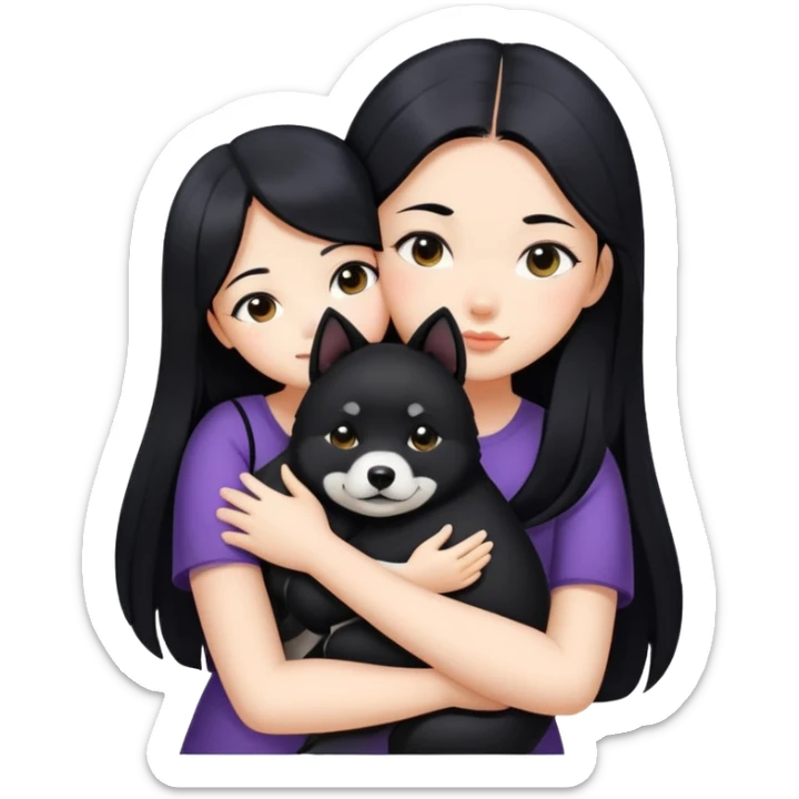 A beautiful girl with long black hair hugs a Black Shiba Lnu sticker