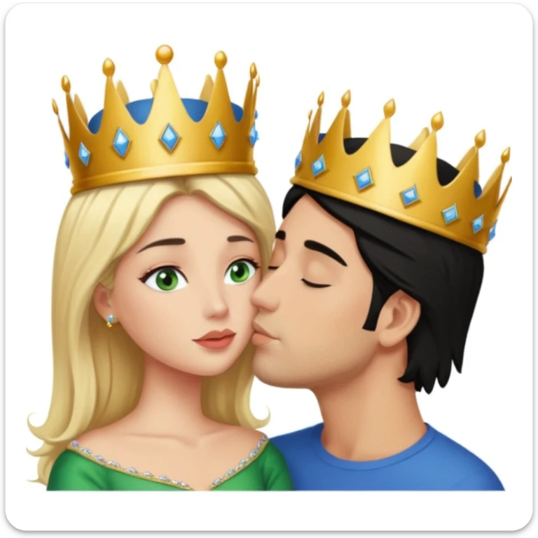 Blonde Queen with crown Green eyes naked kissing Male man without crown black hair blue eyes Background sleeping room  sticker