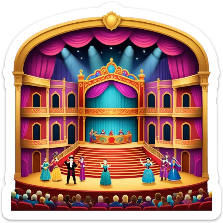 An icon showing a grand theater stage with actors performing in a vibrant play, surrounded by dramatic lighting. The audience watches from colorful balconies, adding to the lively atmosphere. The design captures the magic of live theater, set against a transparent background. sticker
