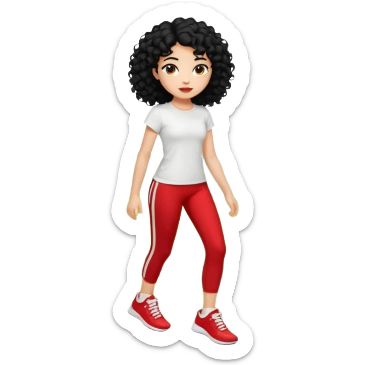generate a pretty bratz fair skinned girl with curly black hair wearing a white tshirt trekking on a hill with red sneakers on and black leggings.  Put a hill behind her sticker