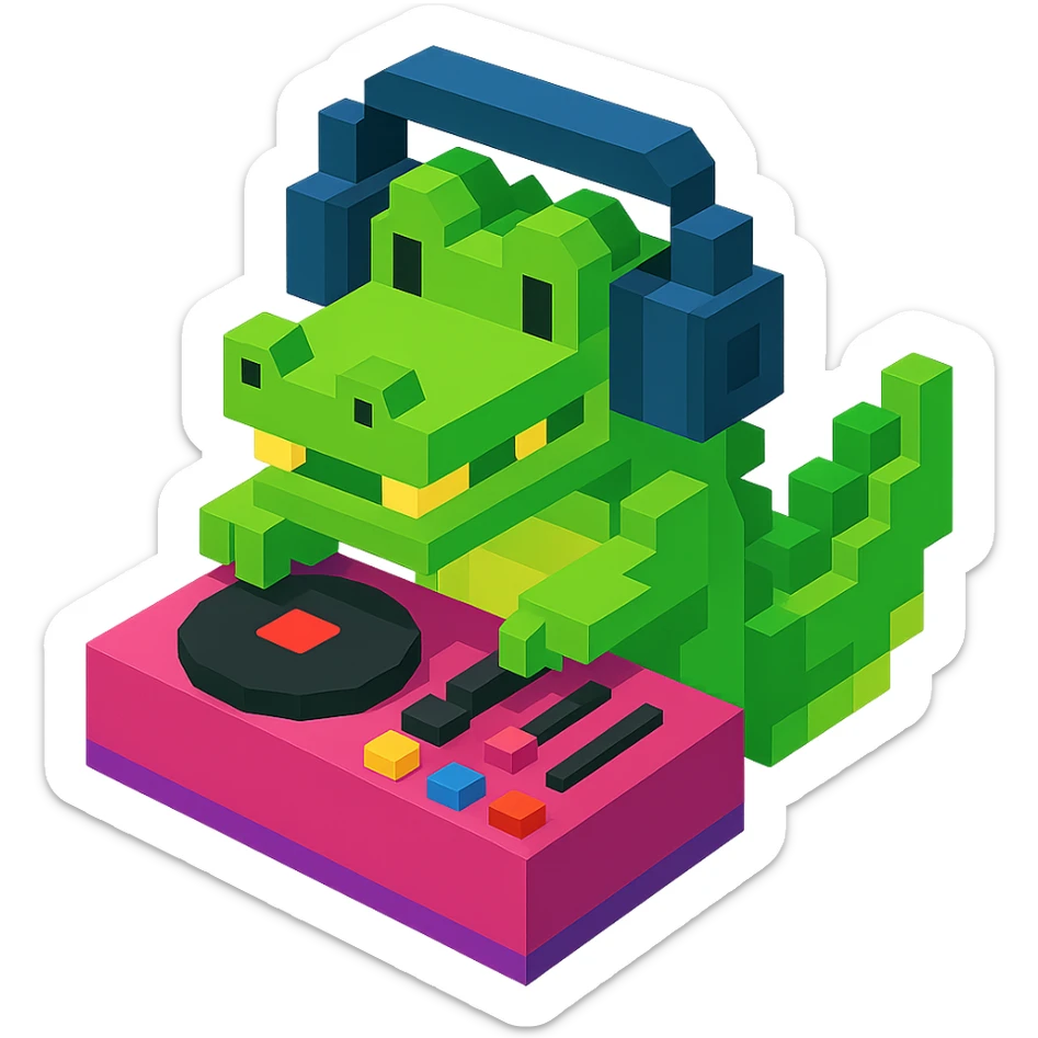 voxel style crocodile DJ with headphones and turntable, isometric view sticker