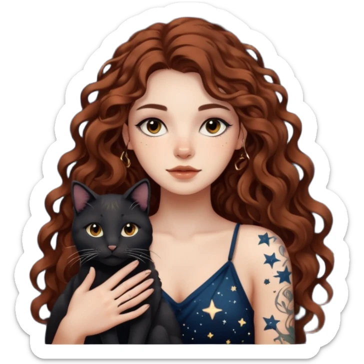 woman with long curly brown hair, brown eyes, white skin, tattoos, black cat made of star constellations beside her sticker