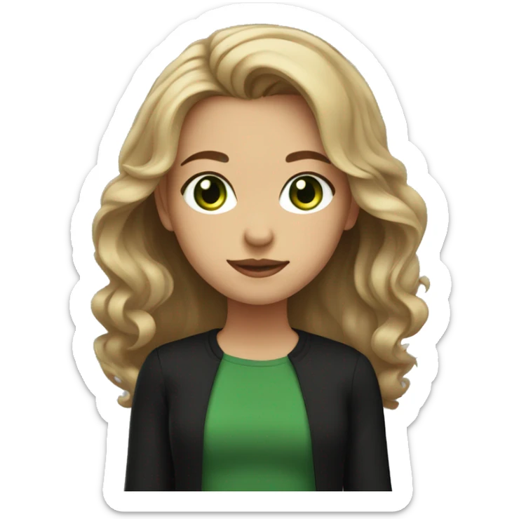 Green eyed girl with black shirt, light brown wavy middle part hair  sticker