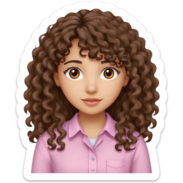 A Latina girl with brown eyes and long loose curly hair with curly bangs with a light pink shirt sticker
