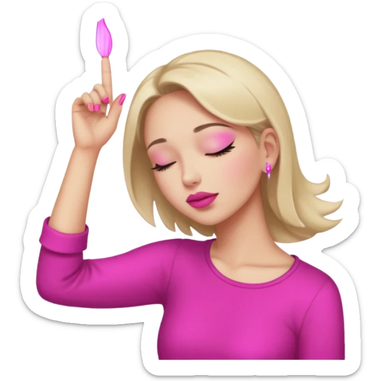 Yellow circle emoji sighing and drumming fingers up the side of their head the eye is closed it is a side profile pink lipstick and pink nails sticker