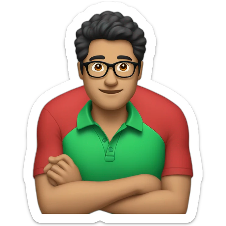 Man with black hair and glasses wearing red shirt with green polo collar no straps sticker