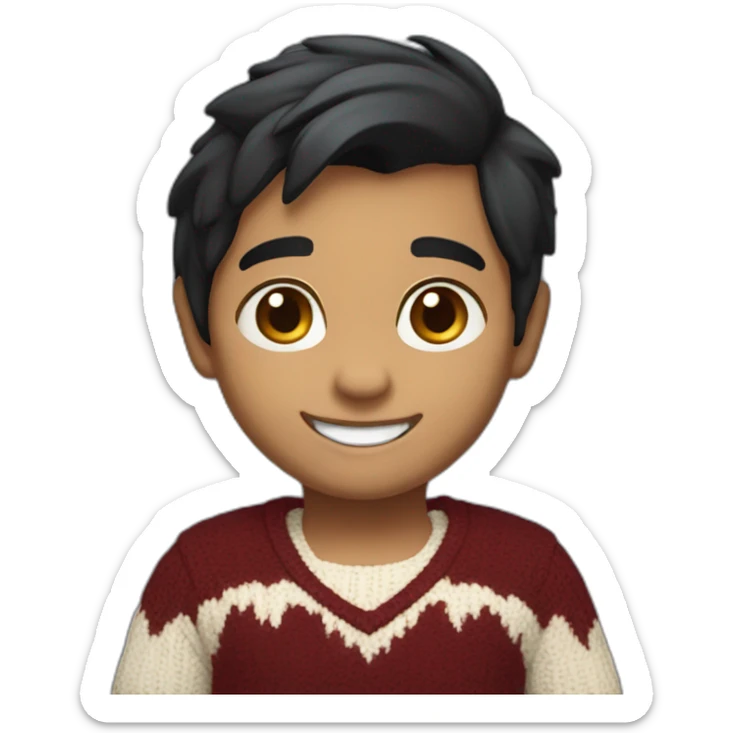 smiling and pointing 3 years old white skin indian with black hair wearing a dark red sweater sticker