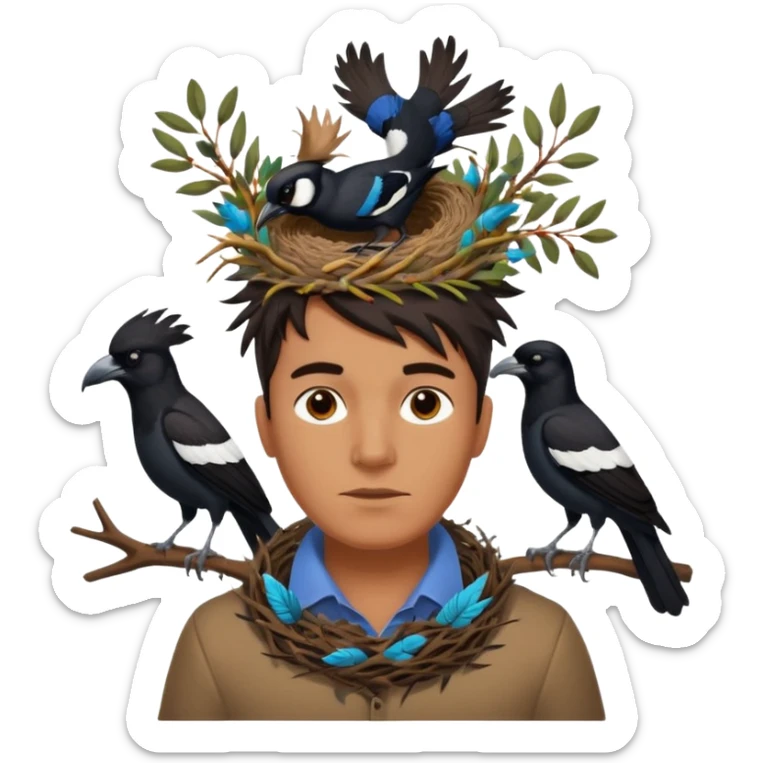 A man who has an Australian magpie, birds nest on top of his head for hair sticker