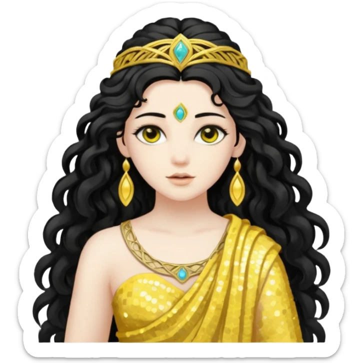 Libera, Goddess of Labyrinth from Roman Deities with long jet black wavy hair, yellow sequin toga  sticker