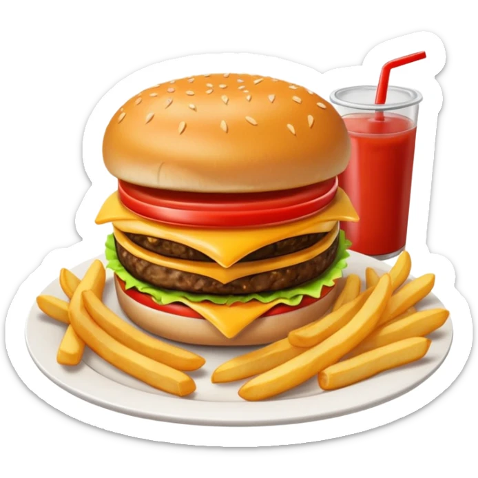 i want a Cheeseburger and Fries with a angle to 15–20° gentle bird’s-eye angle with Sause on white plate  sticker