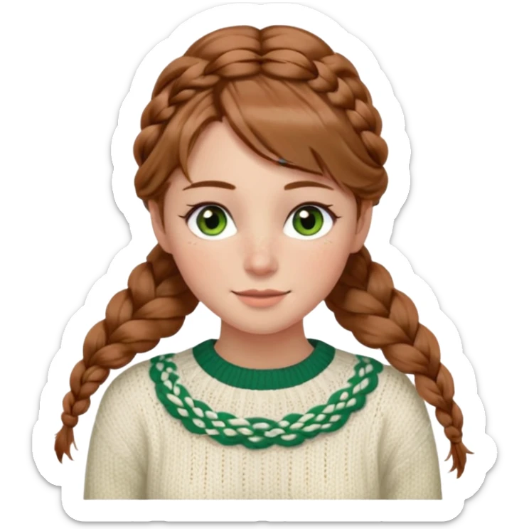 light brown hair hazel/green eyes woman with a white cable knit sweater and one braid down her back  with tendrils of hair flowing down her face and she is happy pale, some freckles, blush. she has a cateye wing and long lashes sticker