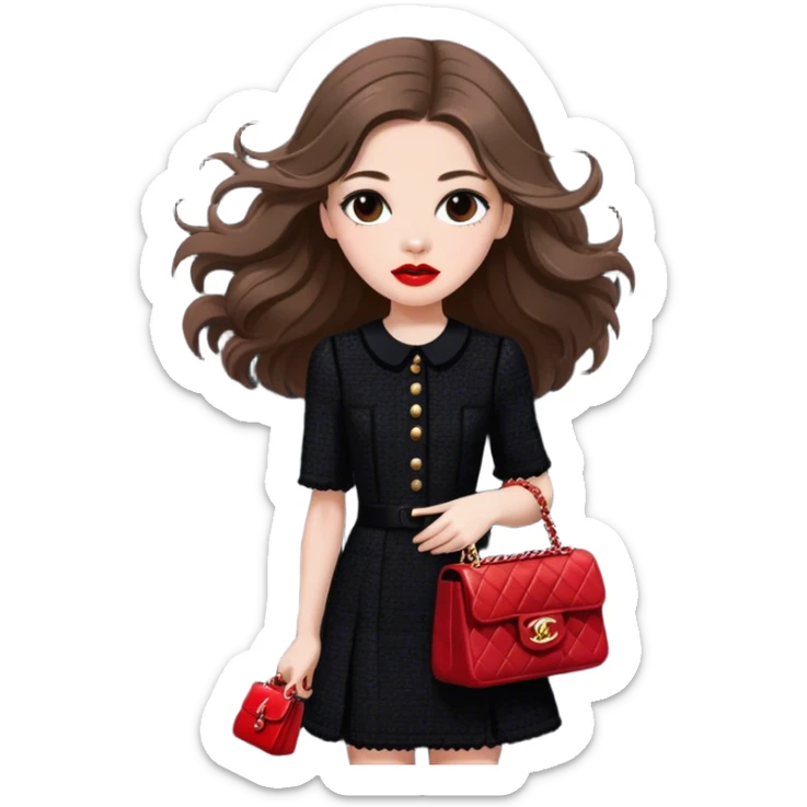 White girl with brown long hair dressed up in black chanel tweed dress with a red chanel bag and red lipstick. Close up with wind blowing her hair looking fancy sticker
