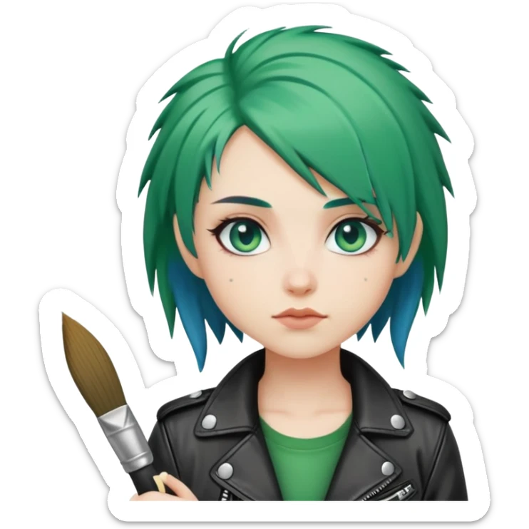 Punk-girl with green hair and blue eyes in leather jacket with brush  sticker