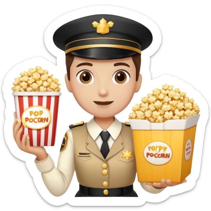 vendedora de palomitas en el cine, con uniforme y caja de palomitas en las manos sticker