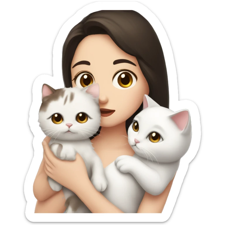 A pale girl with dark brown hair and dark brown eyes holds and kisses a white cat in her hands  sticker