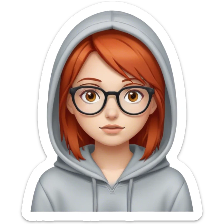 girl with straight red hair with brown eyes, glasses, in a hoodie sticker