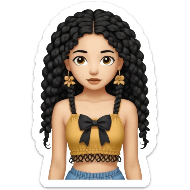 Girl with long black hair curly knotless boho braids mixed girl crop top with a bow on the crop top sticker