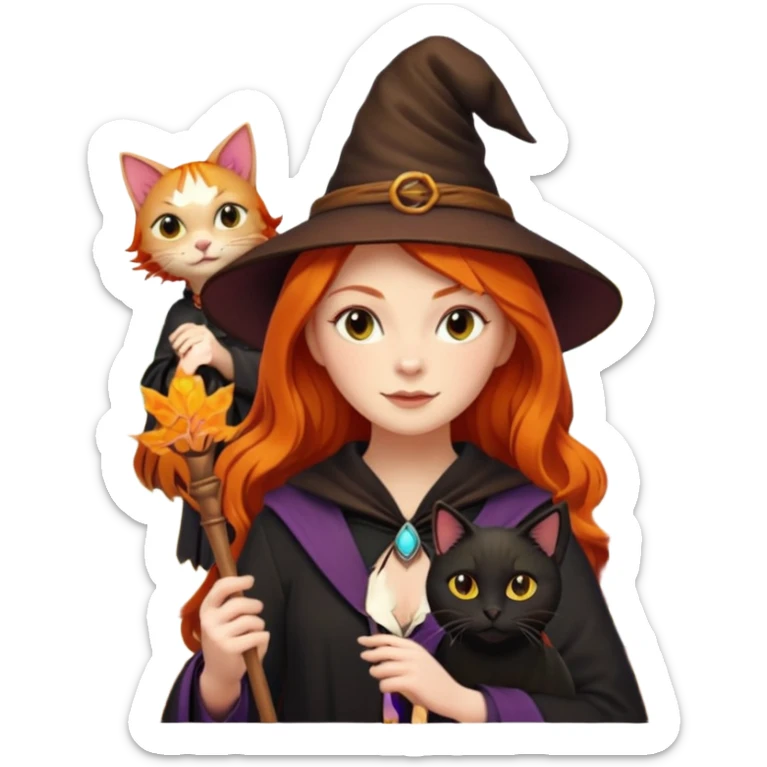 ginger witch with a black cat familiar, holding a wand, surrounded by autumn leaves sticker