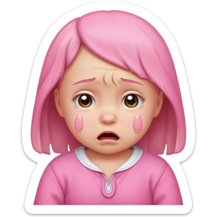 a portrait of crying baby girl, wearing pink clothes sticker